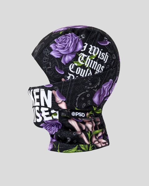 Black balaclava with purple roses, white text, and green stems throughout the design.