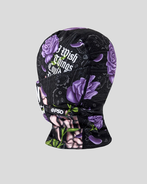 Black balaclava with purple rose and floral graphics, white text, and PSD branding on neck area.