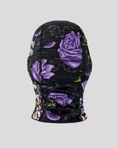 Black balaclava with purple rose print and paisley pattern throughout.