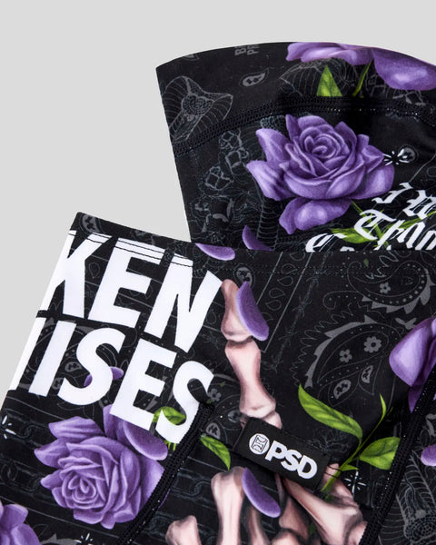Black underwear with purple roses, green leaves, and white text on front and back panels.