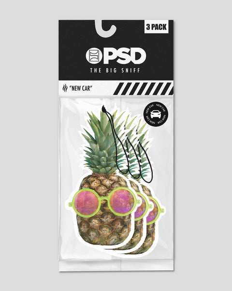 Three pineapple-shaped car air fresheners with neon yellow and pink frames, packaged in PSD brand retail packaging.
