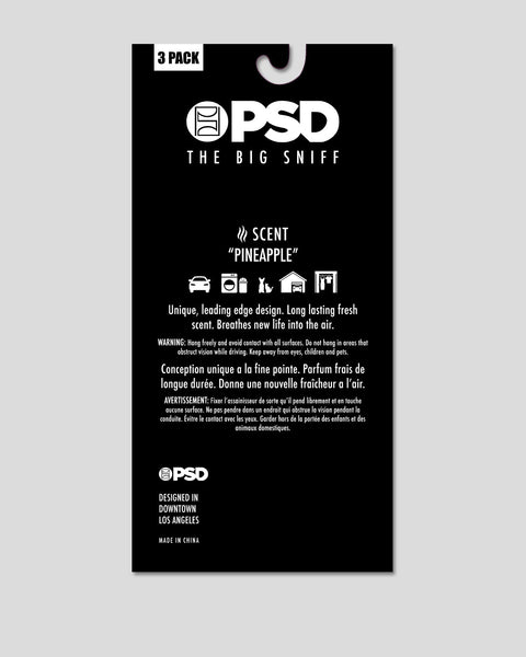 PSD "The Big Sniff" 3 pack pineapple scent car air fresheners with product information and usage icons on black packaging.