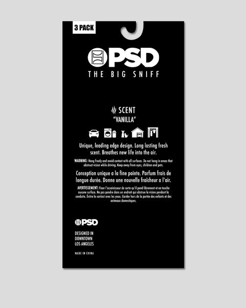 PSD The Big Sniff 3-pack vanilla scent car air freshener packaging on black background.