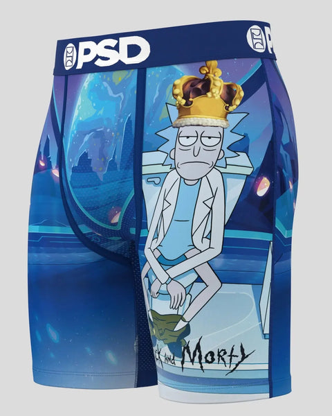PSD brand underwear featuring Rick character wearing a gold crown on blue background with "Rick and Morty" text.