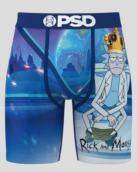 PSD boxer briefs featuring Rick and Morty character artwork with blue and purple sci-fi landscape graphics on navy waistband.