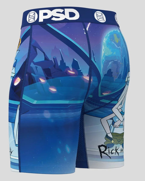 PSD boxer briefs with Rick and Morty animated characters and sci-fi landscape design on blue background.