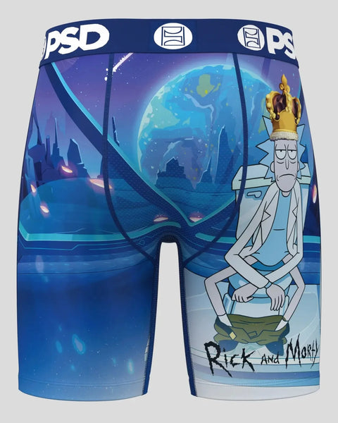 PSD brand blue boxer briefs featuring Rick and Morty character with crown and planetary scene design.
