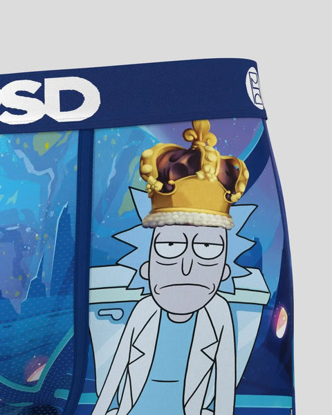 Men's briefs featuring Rick from Rick and Morty wearing a gold crown on blue waistband with white text logo.
