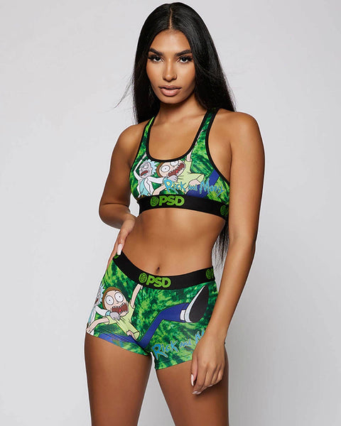 Green tie-dye sports bra and shorts set with Rick and Morty characters and black PSD branding.