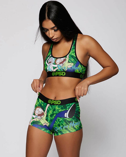 Green tie-dye sports bra and shorts set with Rick and Morty characters and black waistbands.