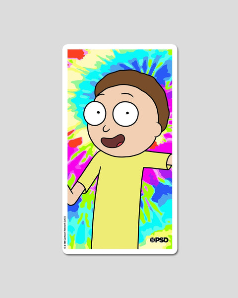 Cartoon character with brown hair and large eyes wearing yellow shirt against colorful psychedelic background with blue, gree