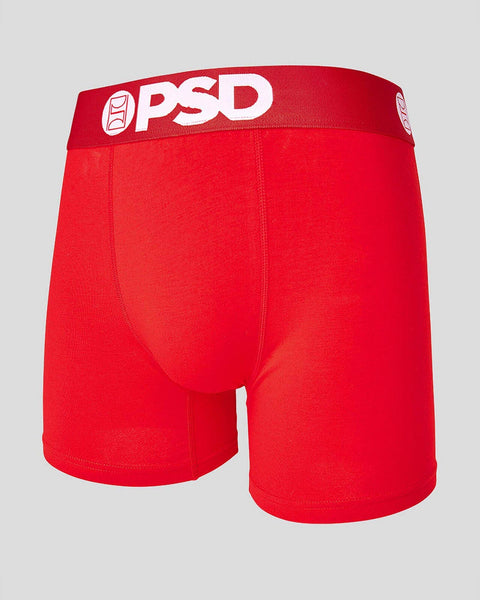Red PSD boxer brief with white waistband logo and center seam detail.