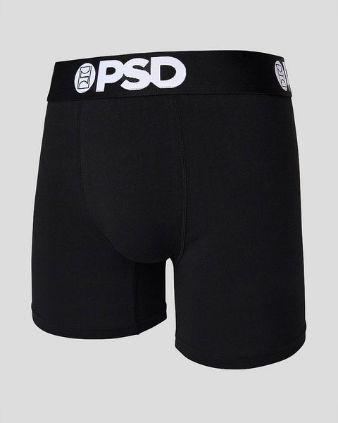 Black boxer brief with white PSD waistband logo and center seam detail.