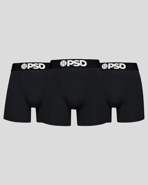Three black boxer briefs with white PSD waistbands displayed front-facing.