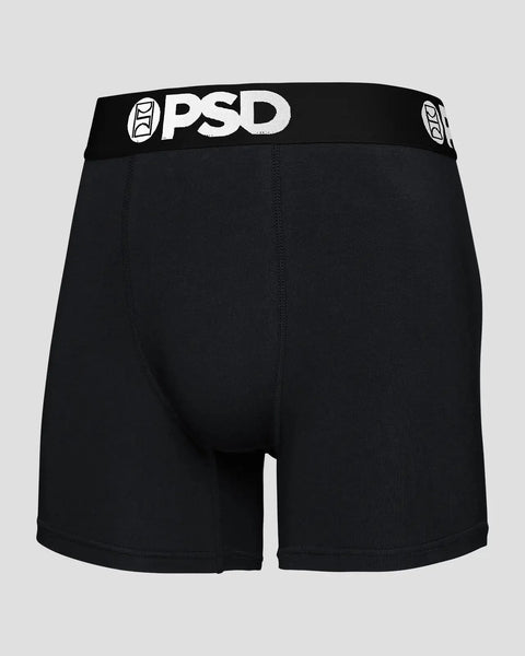 Black boxer briefs with PSD waistband and center seam detail, displayed flat lay.