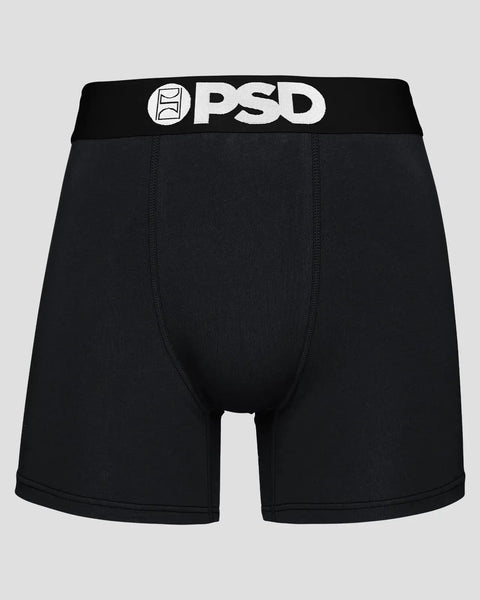 Black boxer briefs with PSD brand logo on waistband and center seam detail.