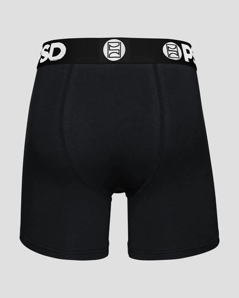 Three black boxer briefs with white branded waistband and circular logo details.