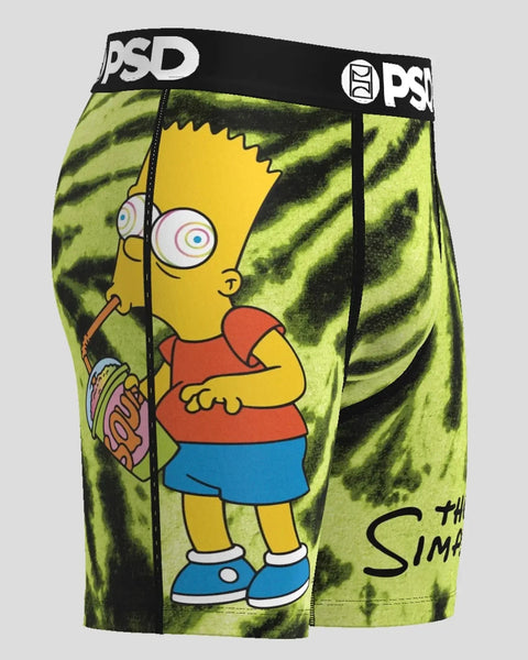 PSD boxer shorts featuring Bart Simpson character on lime green tie-dye background with black waistband.