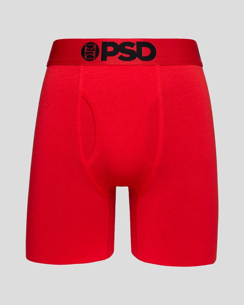 Red boxer briefs with dark red PSD waistband and logo.