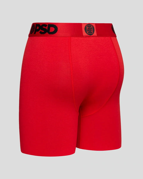 Red modal solid boxer shorts with branded waistband and logo patch.