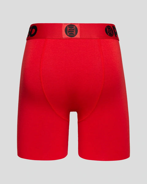 Red modal boxer shorts with branded waistband and logo detail, shown from back view.