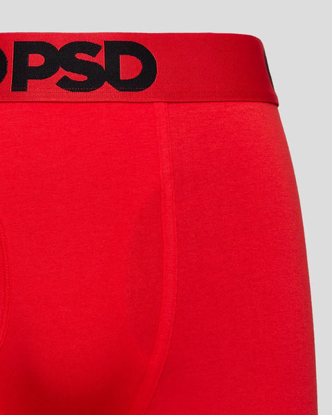 Red modal briefs with black PSD waistband and logo detail.
