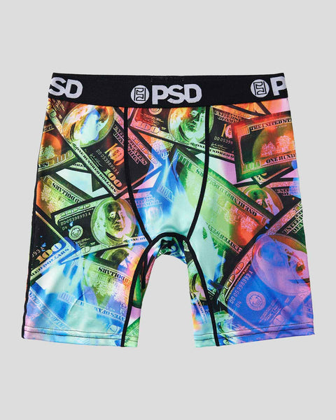 PSD brand boxer briefs with colorful all-over currency and holographic print design, black waistband with white logo.