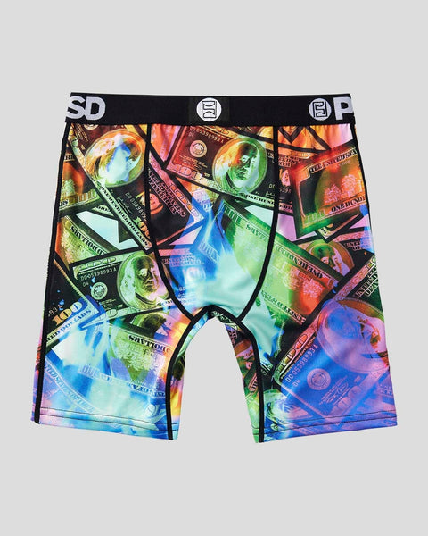 Men's boxer briefs with colorful money and portrait print, black waistband with brand logo.