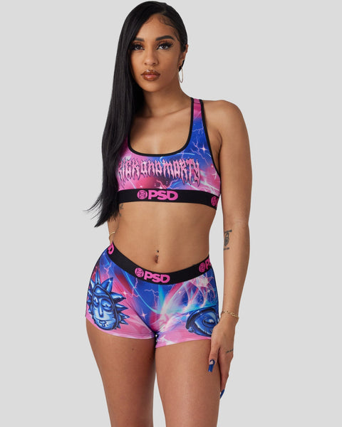 Two-piece set featuring pink and blue gradient print with Rick and Morty character graphics and PSD branding.