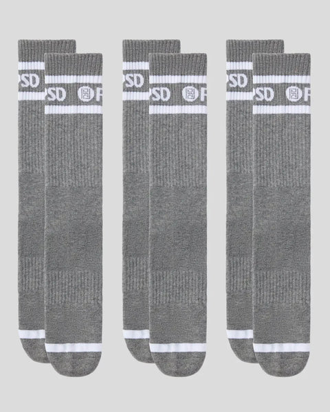 Three gray crew socks with white logo stripes and text on cuff and heel.