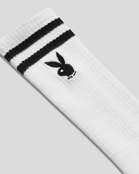 White crew sock with black bunny logo and two black stripes at cuff.