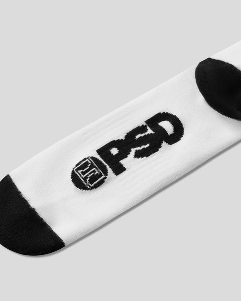 White crew sock with black Playboy logo and bunny head design on foot and calf.