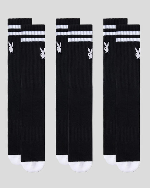 Three black crew socks with white Playboy bunny logos, white striped cuff, and white toe and heel sections.