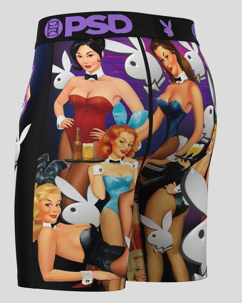 PSD black boxer briefs with purple waistband featuring vintage-style illustrated women and bunny logo graphics.