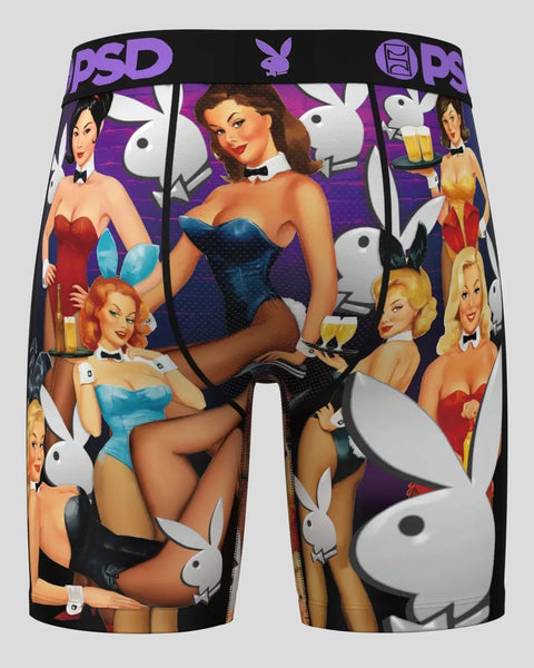 PSD Playboy Afterhours shorts with purple band, vintage pin-up imagery, and white rabbit logos on black background.