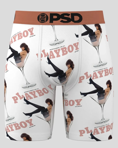 PSD boxer briefs with brown waistband featuring repeated Playboy martini imagery and women in black clothing.