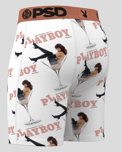 PSD boxer shorts with Playboy martini print, brown waistband, white fabric with repeating images of woman in martini glass.