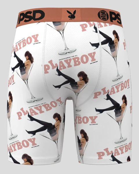 White boxer briefs with repeating Playboy martini and figure graphics, PSD waistband, back view.