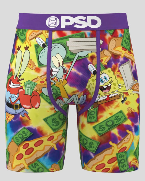 PSD SpongeBob SquarePants boxer briefs with colorful money and food delivery print, purple waistband.
