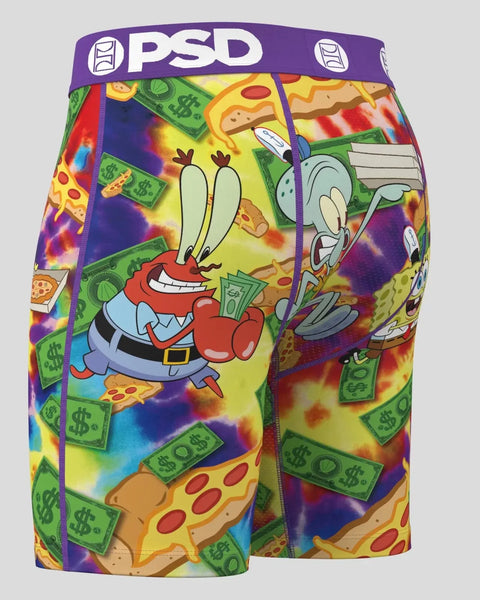 PSD brand shorts featuring SpongeBob SquarePants characters, money, pizza, and tie-dye pattern on colorful background.