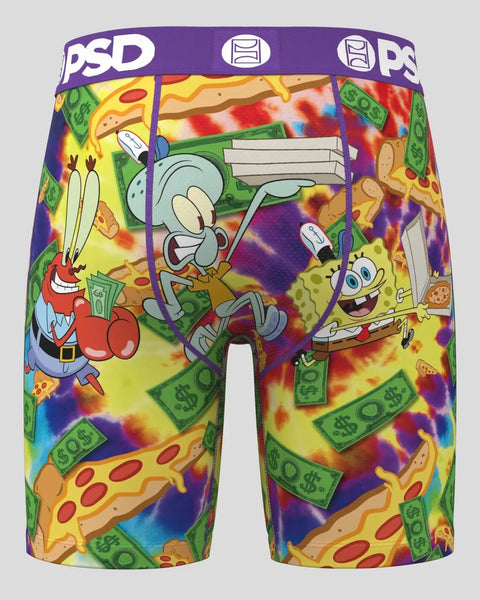 PSD boxer briefs with SpongeBob characters, money, pizza, and tie-dye background on colorful printed fabric.