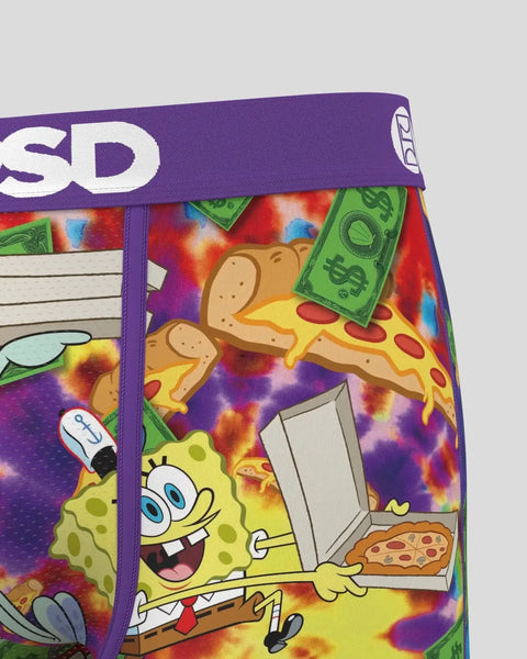 SpongeBob SquarePants underwear with tie-dye background, pizza, money, and delivery box graphics on purple waistband.