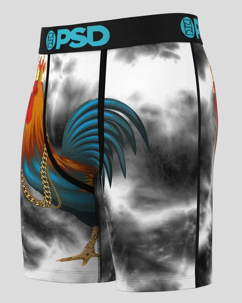 PSD boxer briefs with blue waistband featuring a colorful rooster graphic and gold chain design on white and gray cloudy back