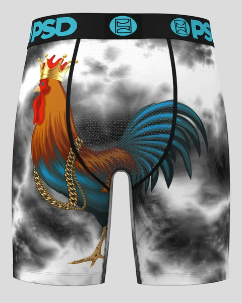 Men's boxer shorts with blue PSD waistband featuring a rooster wearing a gold crown and chain on cloudy background.