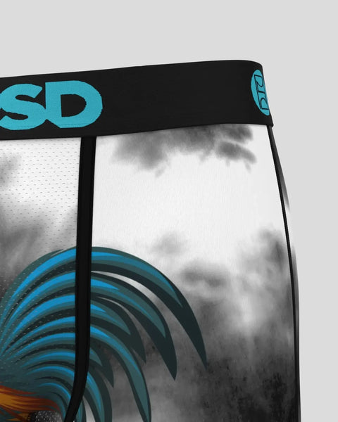 Blue and black waistband with turquoise logo text, white mesh panel, and blue feather design visible at bottom corner.