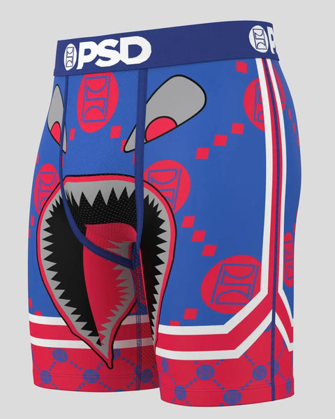 Blue and red PSD brand shorts featuring Warface emblem design with aggressive mask face graphics and black spiky teeth detail