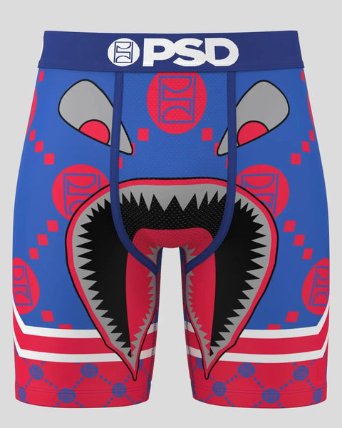 PSD boxer briefs with blue and red colorway featuring stylized monster face design with sharp teeth and geometric patterns.