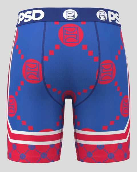 Blue and red PSD Warface boxer briefs with red circular emblems and pixel pattern design.