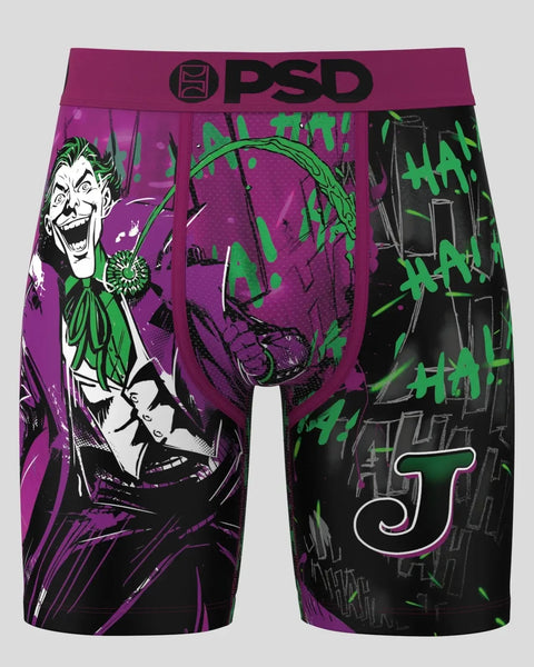 PSD brand boxer shorts with Joker character in purple, black, and green graphic design on front and back.