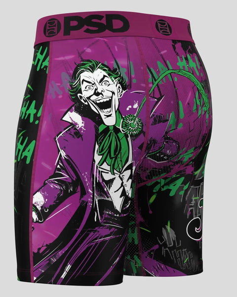 PSD boxer shorts with purple and black Joker character graphic and green text design.